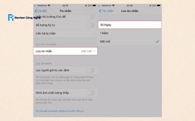 Tắt tính năng lưu trữ tin nhắn lâu dài và để iPhone tự dọn dẹp bộ nhớ