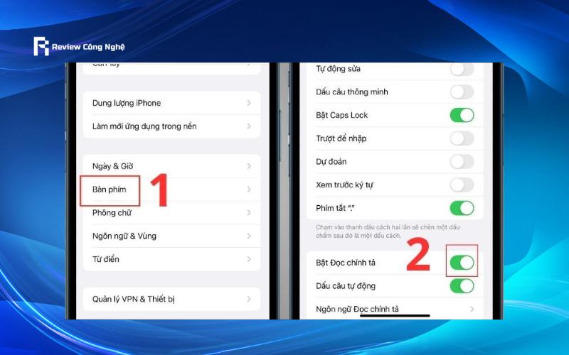 Chọn bàn phím và chọn bật đọc chính tả, đặt dấu câu tự động