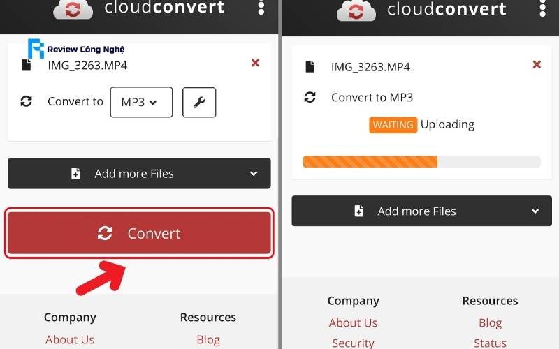 Đợi video tải lên Cloudconvert