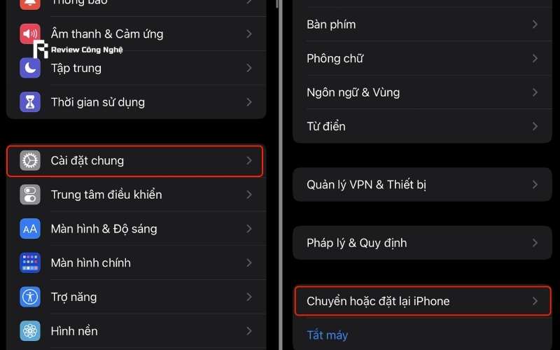 Vào phần Cài đặt chung rồi chọn Chuyển hoặc đặt lại iPhone