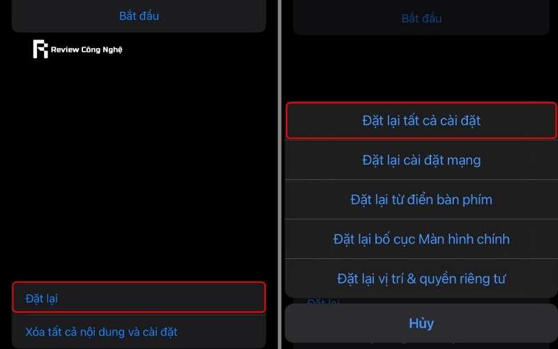 Chọn vào mục Đặt lại tất cả cài đặt để reset cho điện thoại iPhone