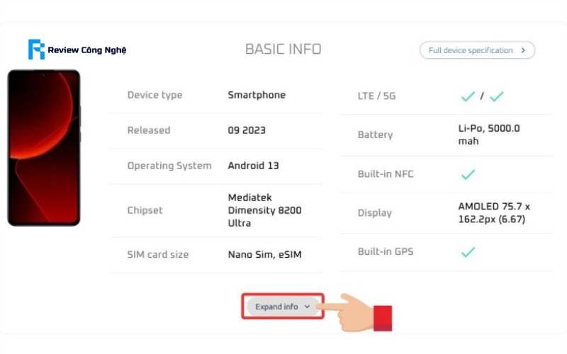 Chọn Expand info để hiển thị đầy đủ thông số kỹ thuật của chiếc điện thoại Xiaomi