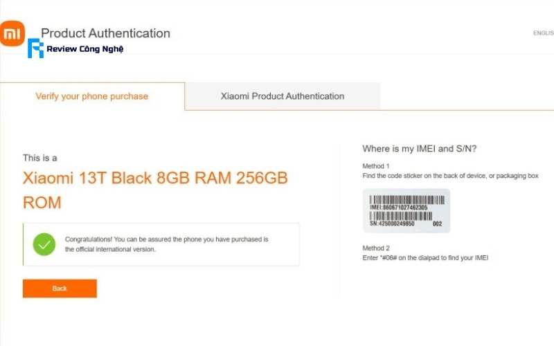 Hiển thị thông tin của chiếc điện thoại Xiaomi với mi.com
