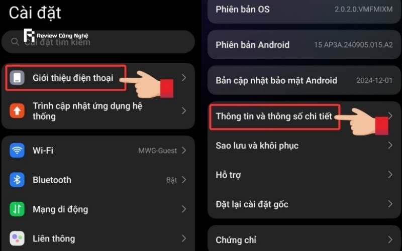 Vào Cài đặt rồi chọn Thông tin và thông số chi tiết
