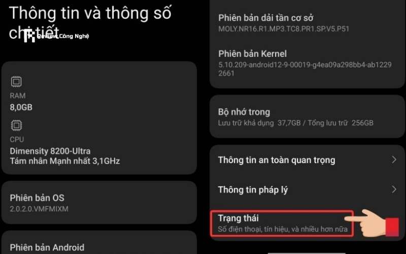 Nhấp vào Trạng thái ở mục Thông tin và thông số chi tiết