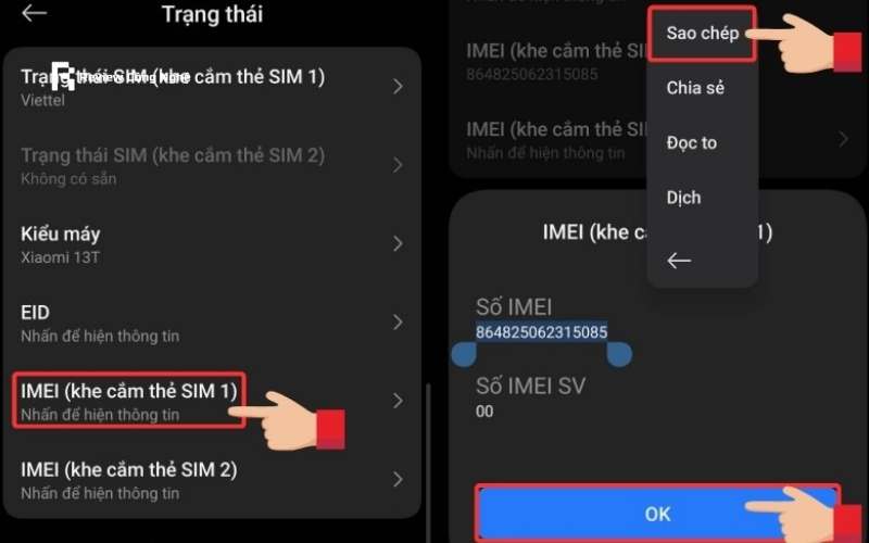 Sao chép mã IMEI từ mục Trạng thái